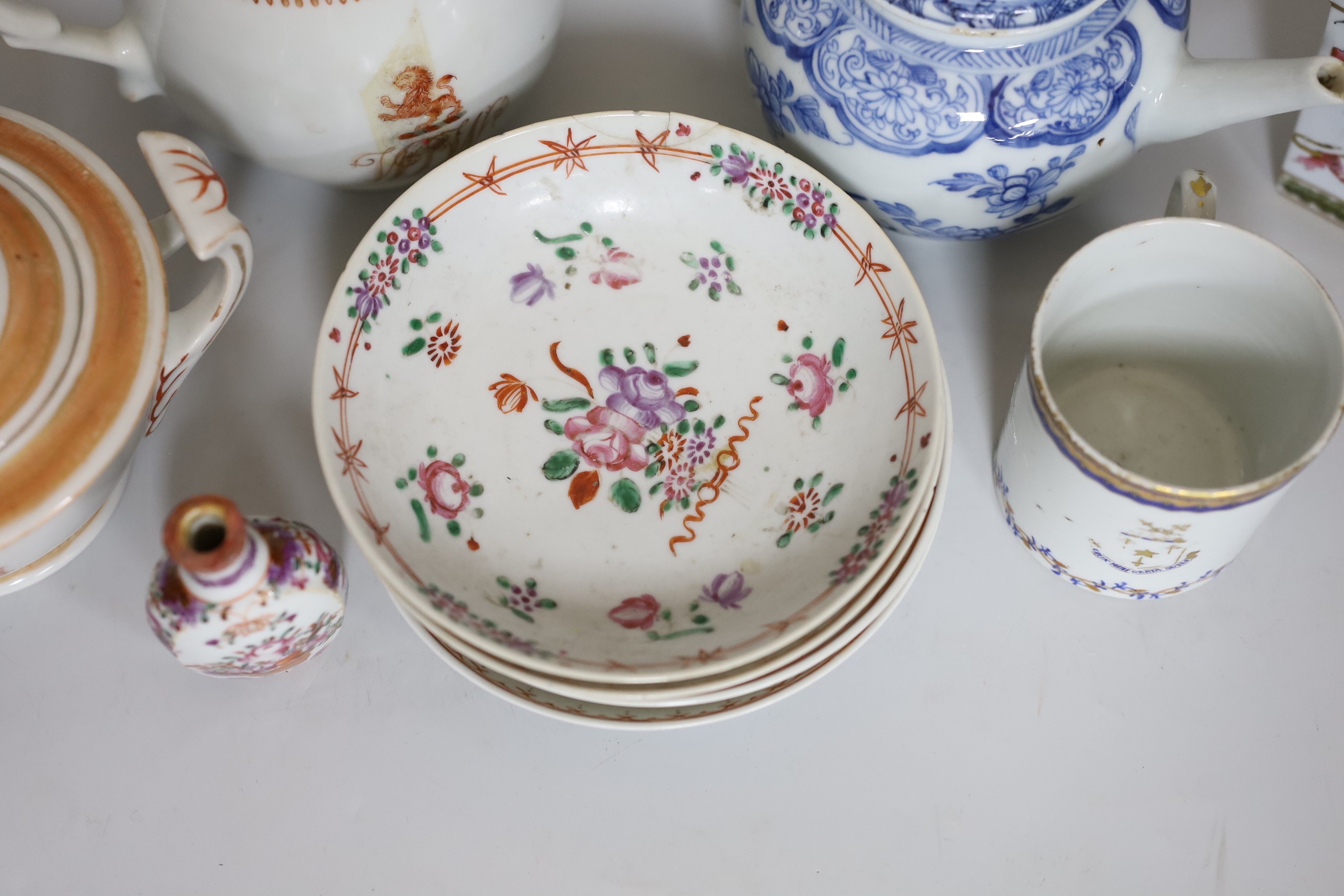 A group of Chinese Qianlong - Jiaqing porcelain tea wares, a rare snuff bottle and a French armorial tea caddy